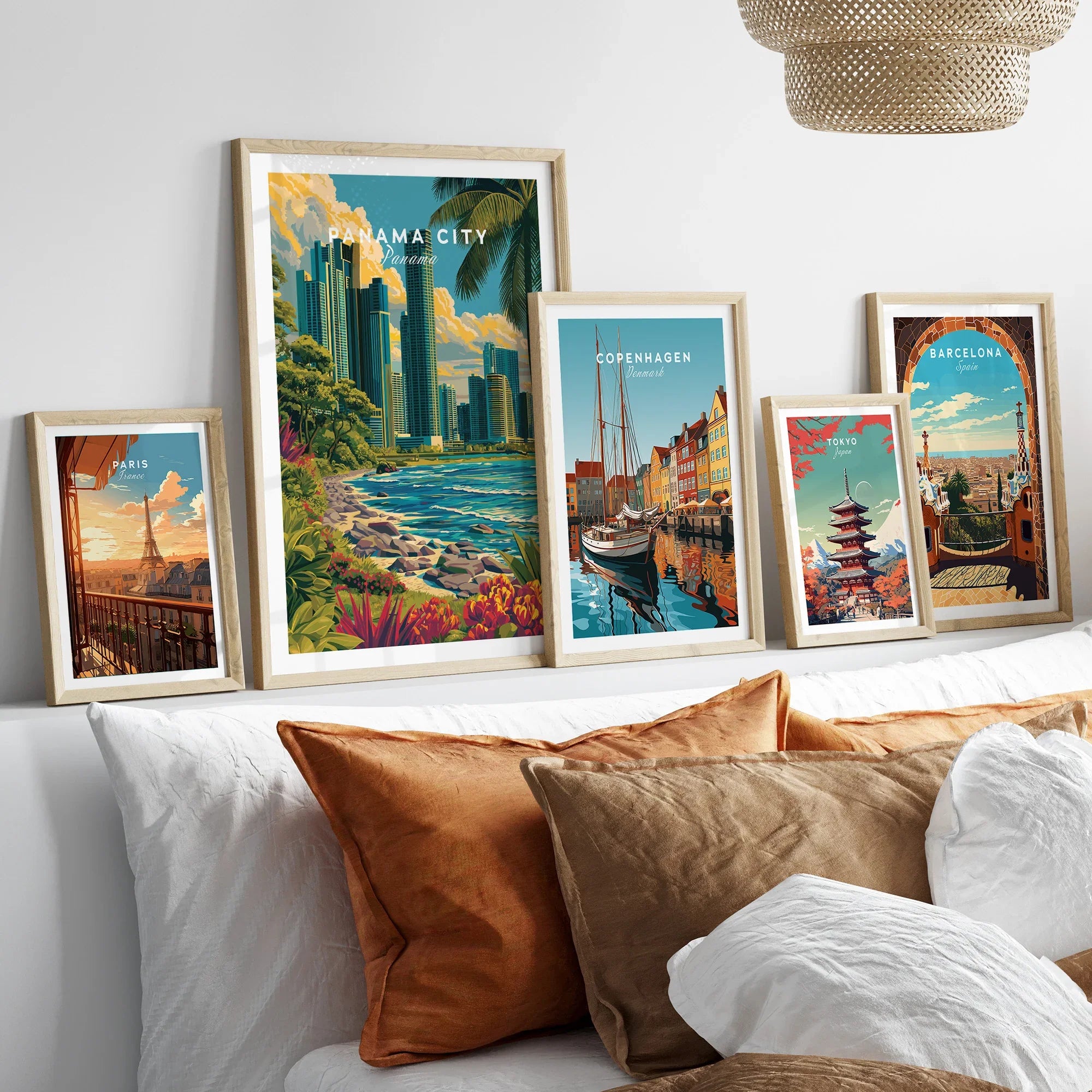 Framed travel posters of Paris, Panama City, Copenhagen, Tokyo, and Barcelona for home wall art decor