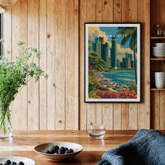 Panama City travel poster with skyline, palm trees, and tropical beach, perfect for city skyline wall art.