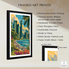 Framed Panama City travel poster art print with skyline, palm trees, and coastal view for home decor