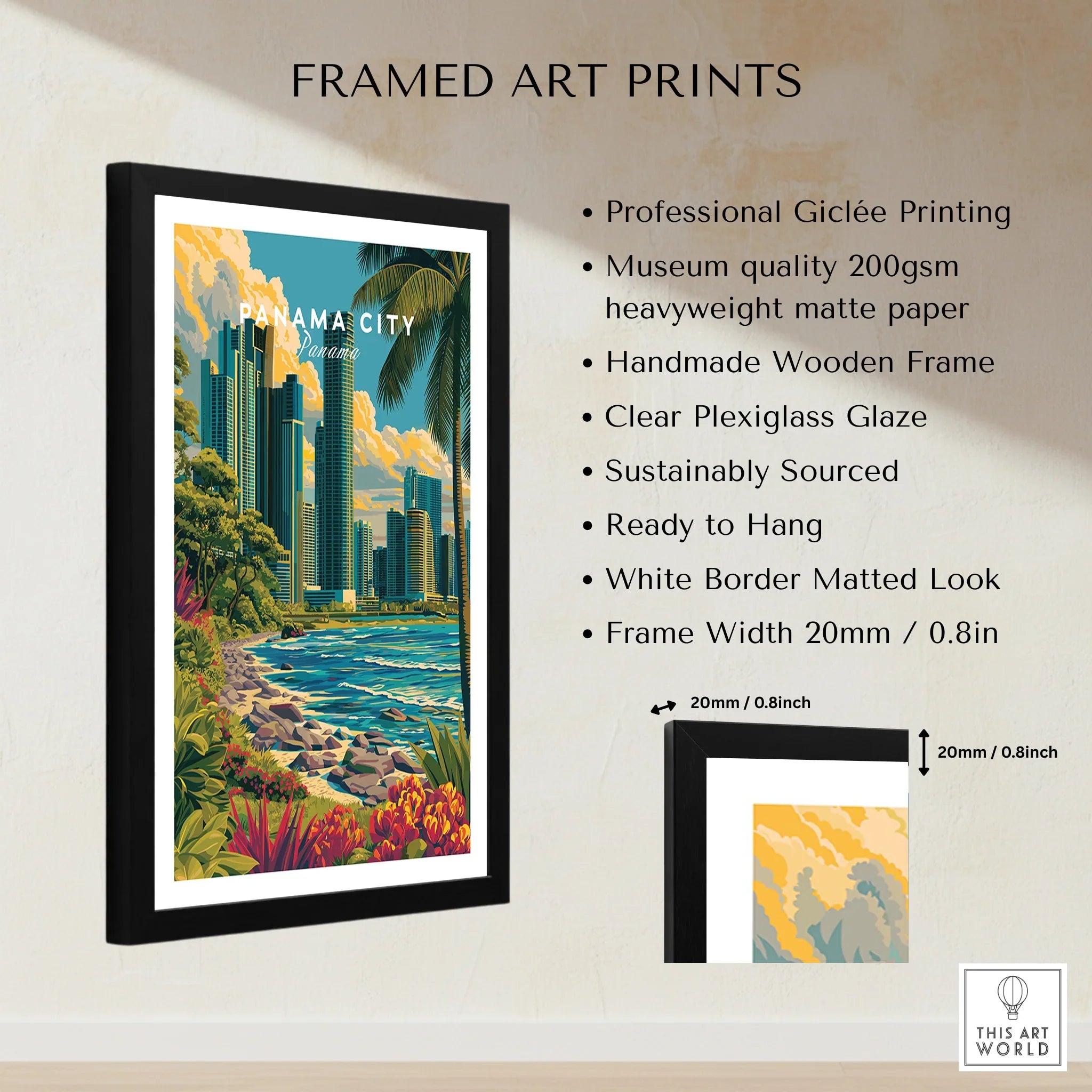Framed Panama City travel poster art print with skyline, palm trees, and coastal view for home decor