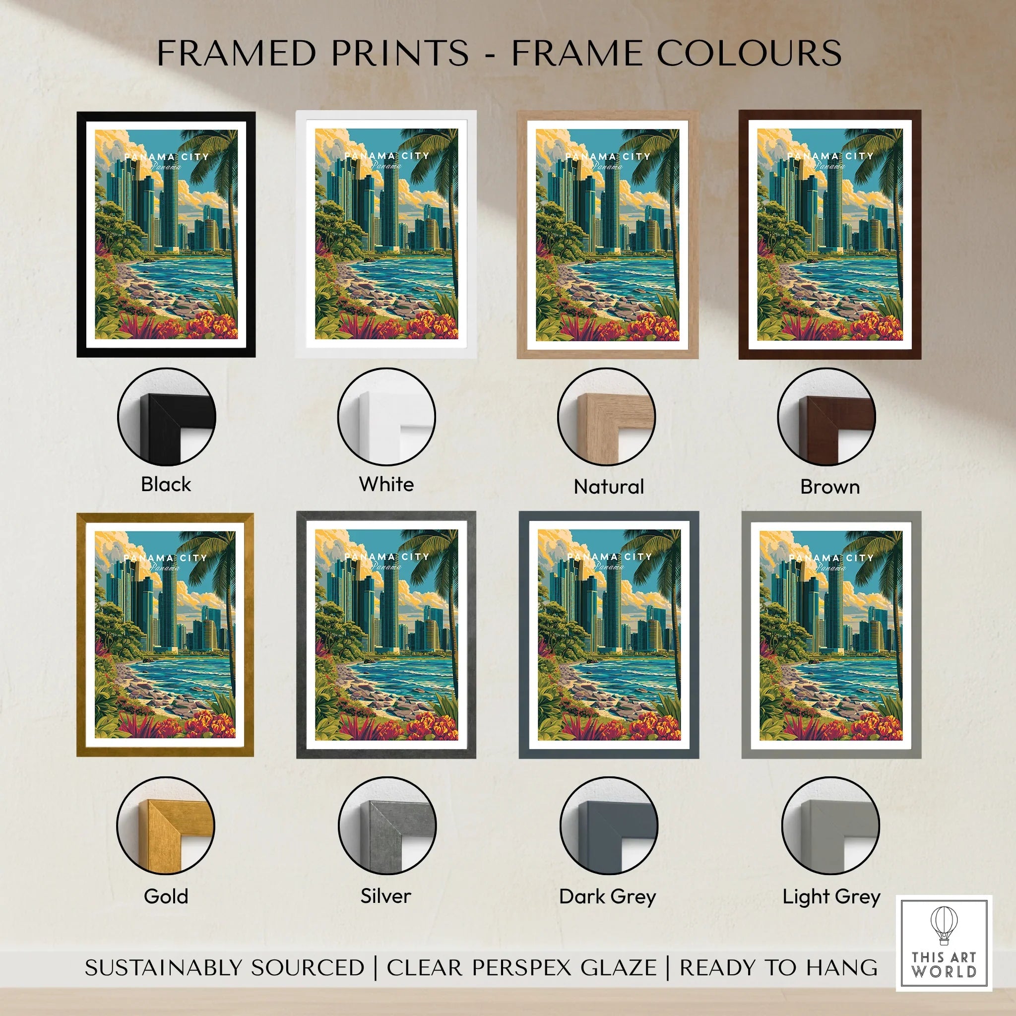 Panama City skyline art print in various frame colors for home decor