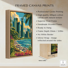 Panama City skyline art print with tropical beach and palm trees, framed canvas wall decor