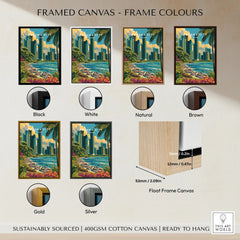 Panama City skyline art print in black, white, natural, brown, gold, silver frames. Float frame canvas, ready to hang.