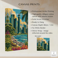 Panama City skyline canvas print with tropical beach, palm trees, and vibrant flora, perfect for travel-themed wall art.