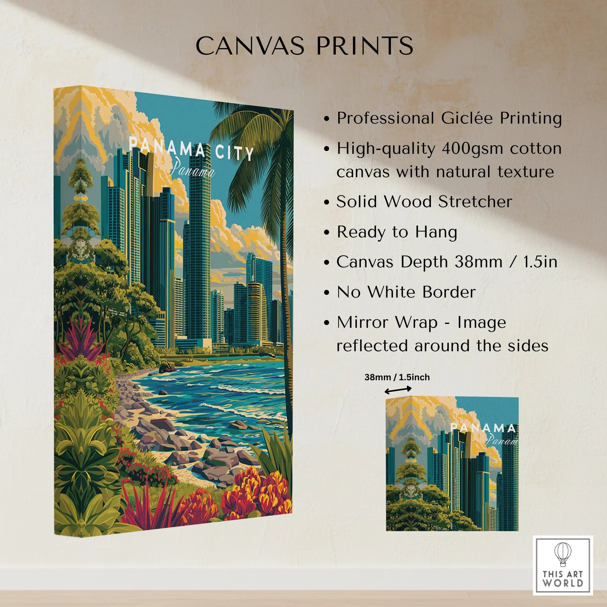 Panama City skyline canvas print with tropical beach, palm trees, and vibrant flora, perfect for travel-themed wall art.