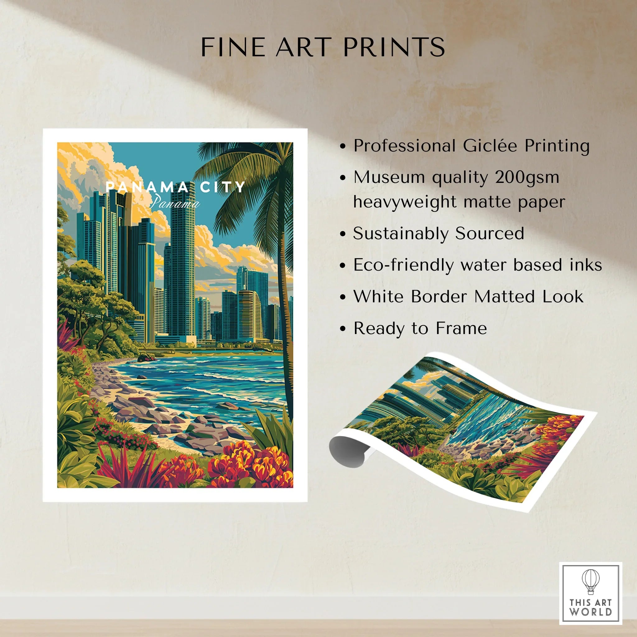 Panama City skyline art print with tropical beach and palm trees, ideal for home decor