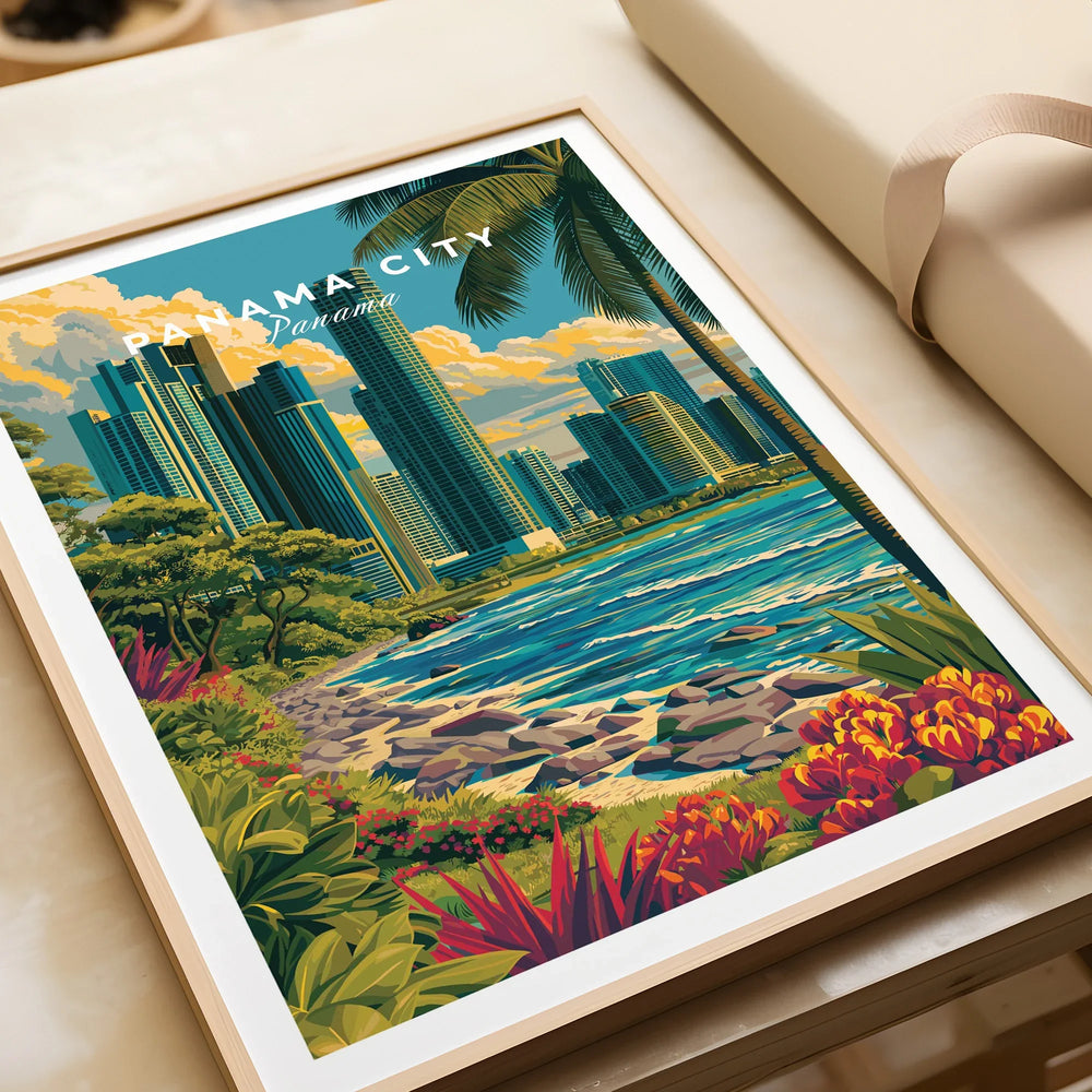 Panama City travel poster with skyline, palm trees, and tropical flowers, perfect for wall art decor