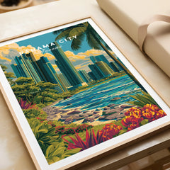 Panama City travel poster with skyline, palm trees, and tropical flowers, perfect for wall art decor
