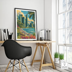 Panama City travel poster with skyline, palm trees, and tropical beach, framed wall art for home decor