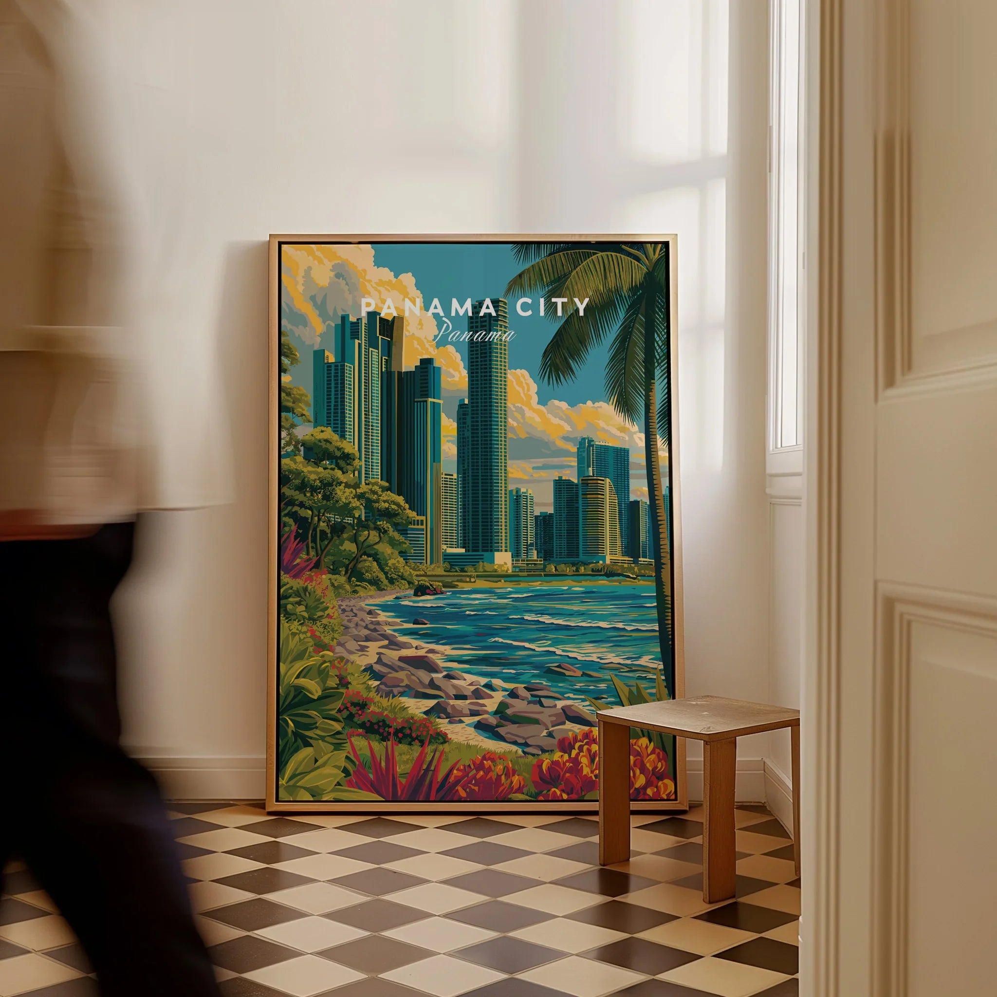 Panama City travel poster with skyline, palm trees, and tropical beach, perfect for wall art decor