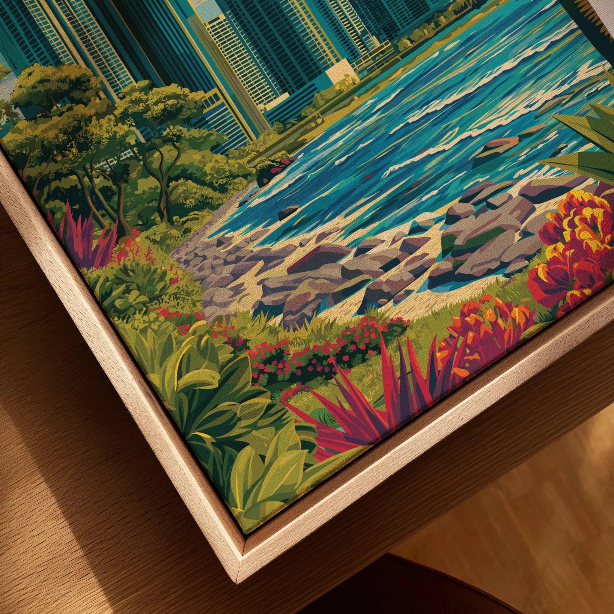 Vibrant city skyline wall art print with waterfront, lush gardens, and modern skyscrapers for home decor