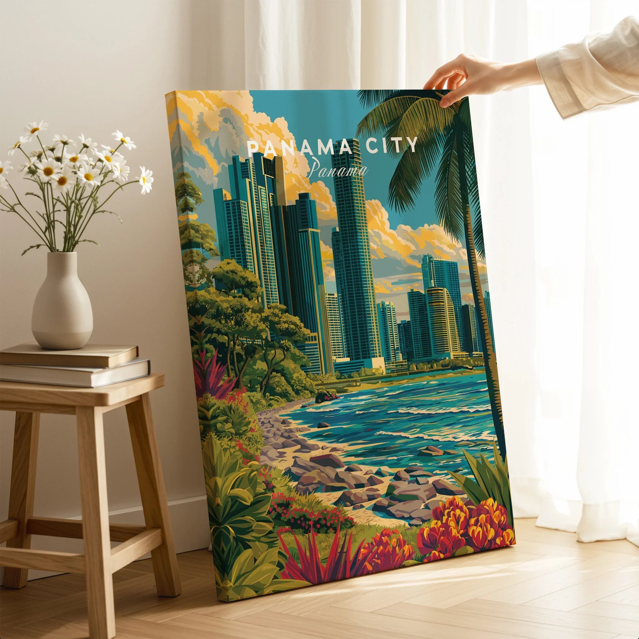 Panama City skyline travel poster with tropical beach and palm trees, vibrant wall art decor