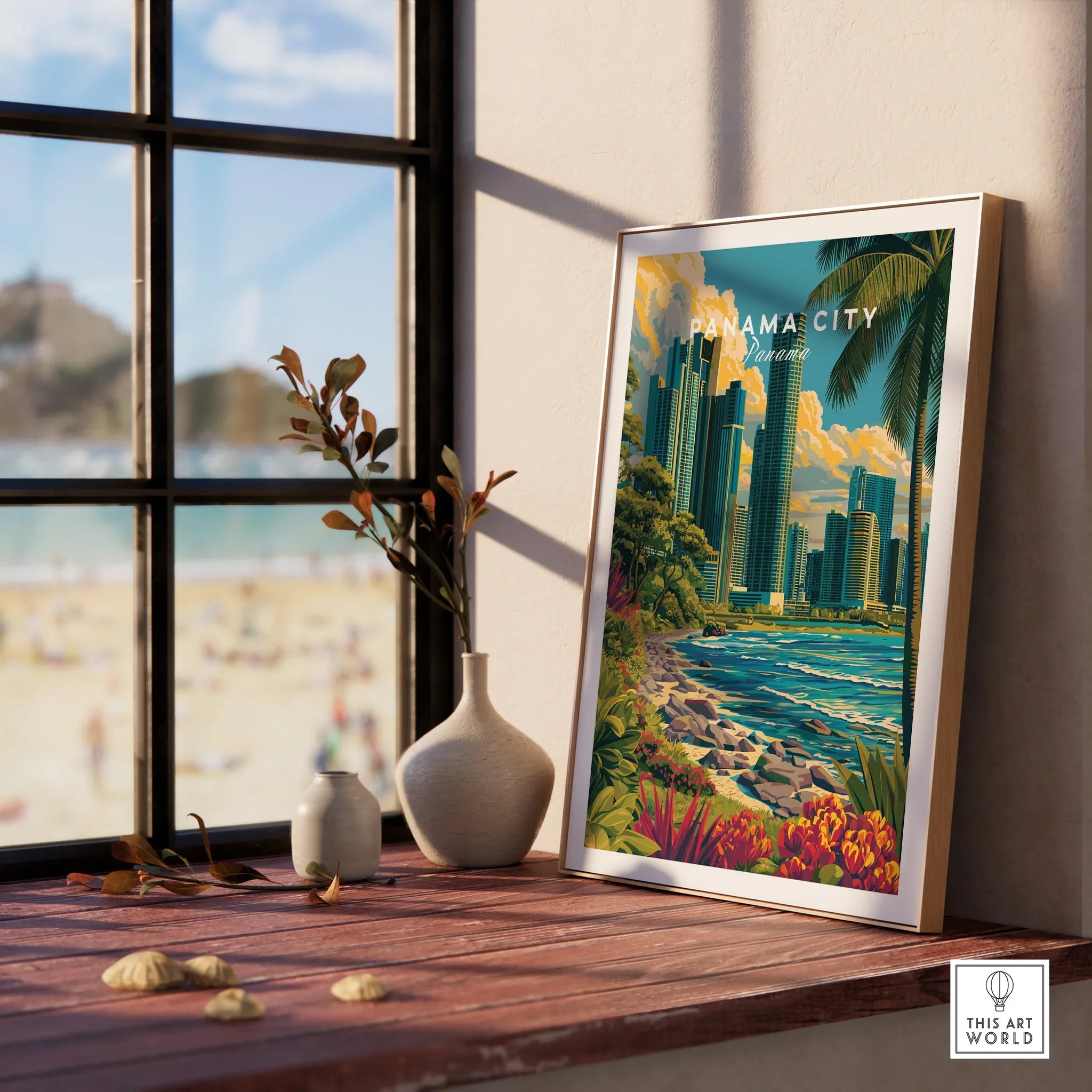 Panama City travel poster with skyline, palm trees, and beach, perfect for wall art decor