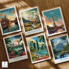 Framed travel posters of Venice, Paris, Scotland Highlands, Singapore, Panama City, Sri Lanka on wood wall