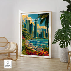 Panama City skyline art print with tropical beach and palm trees, vibrant travel poster decor