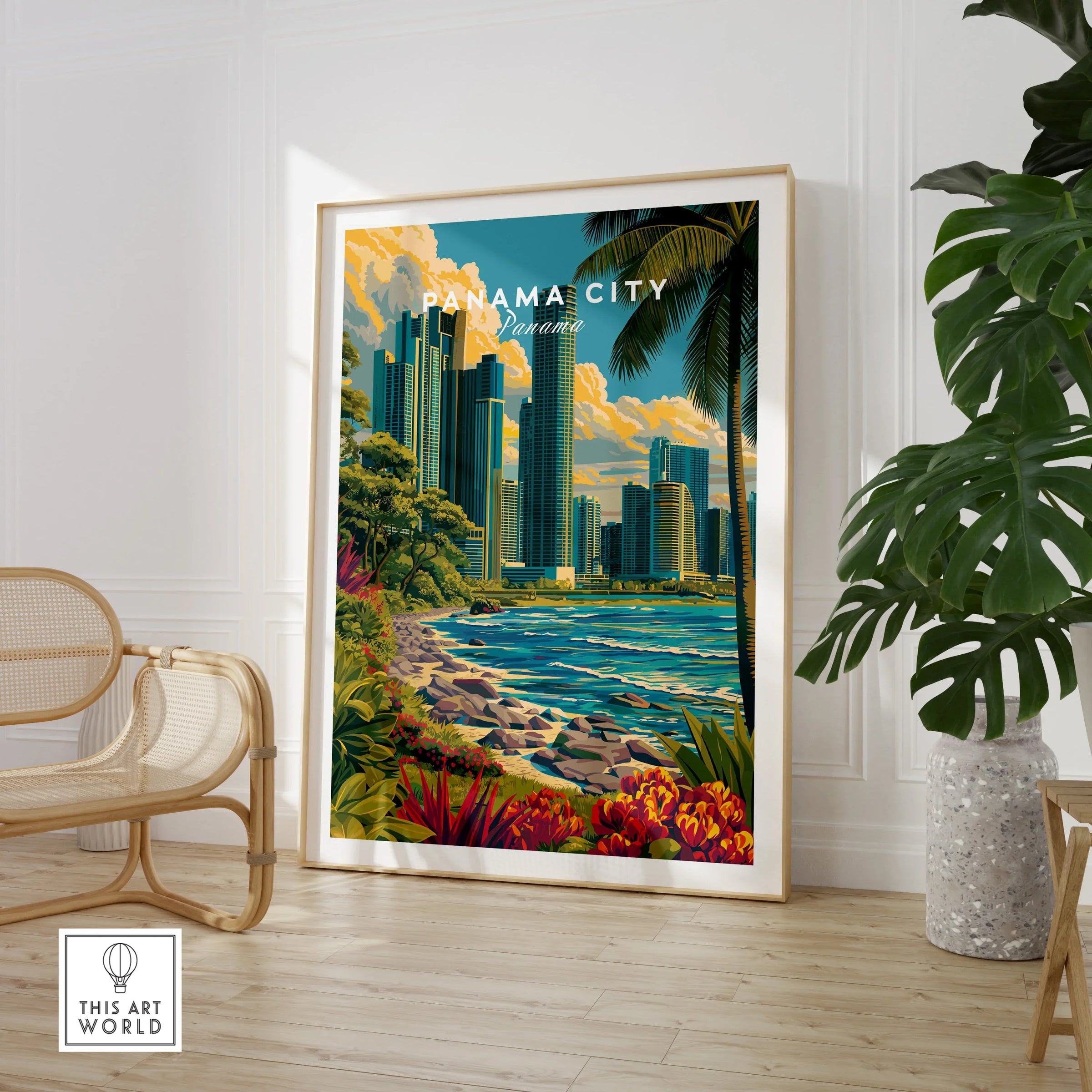 Panama City skyline art print with tropical beach and palm trees, vibrant travel poster decor