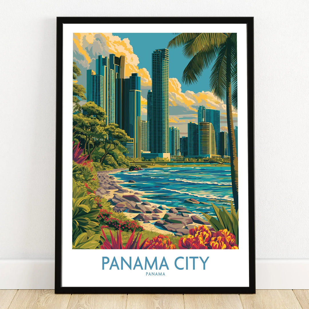 Panama City travel poster with skyline, palm trees, and tropical beach, ideal wall art for home decor