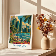 Panama City travel poster with tropical skyline, palm trees, and ocean view for home wall art decor