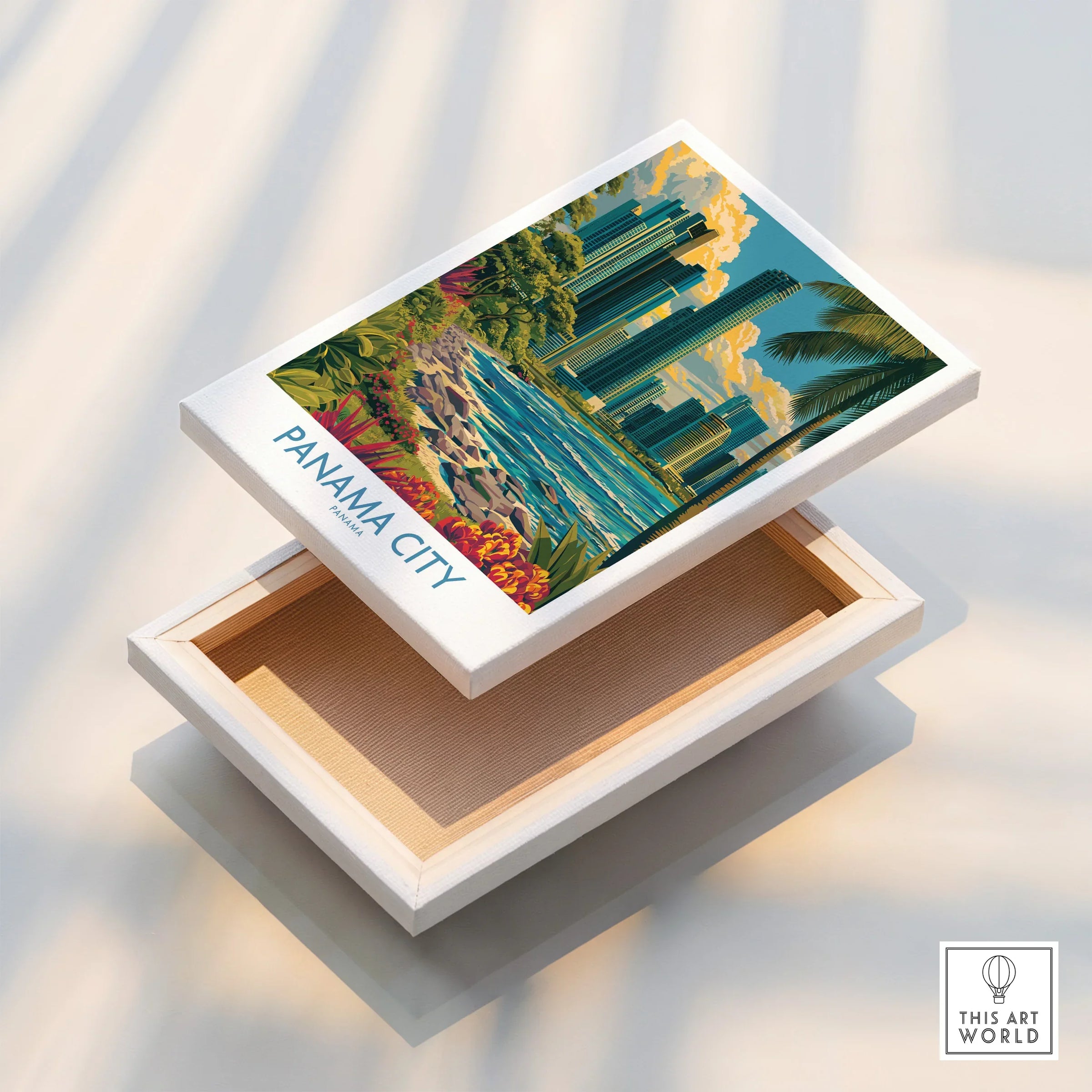 Panama City travel poster art print with skyline, palm trees, and tropical flowers on canvas wall decor