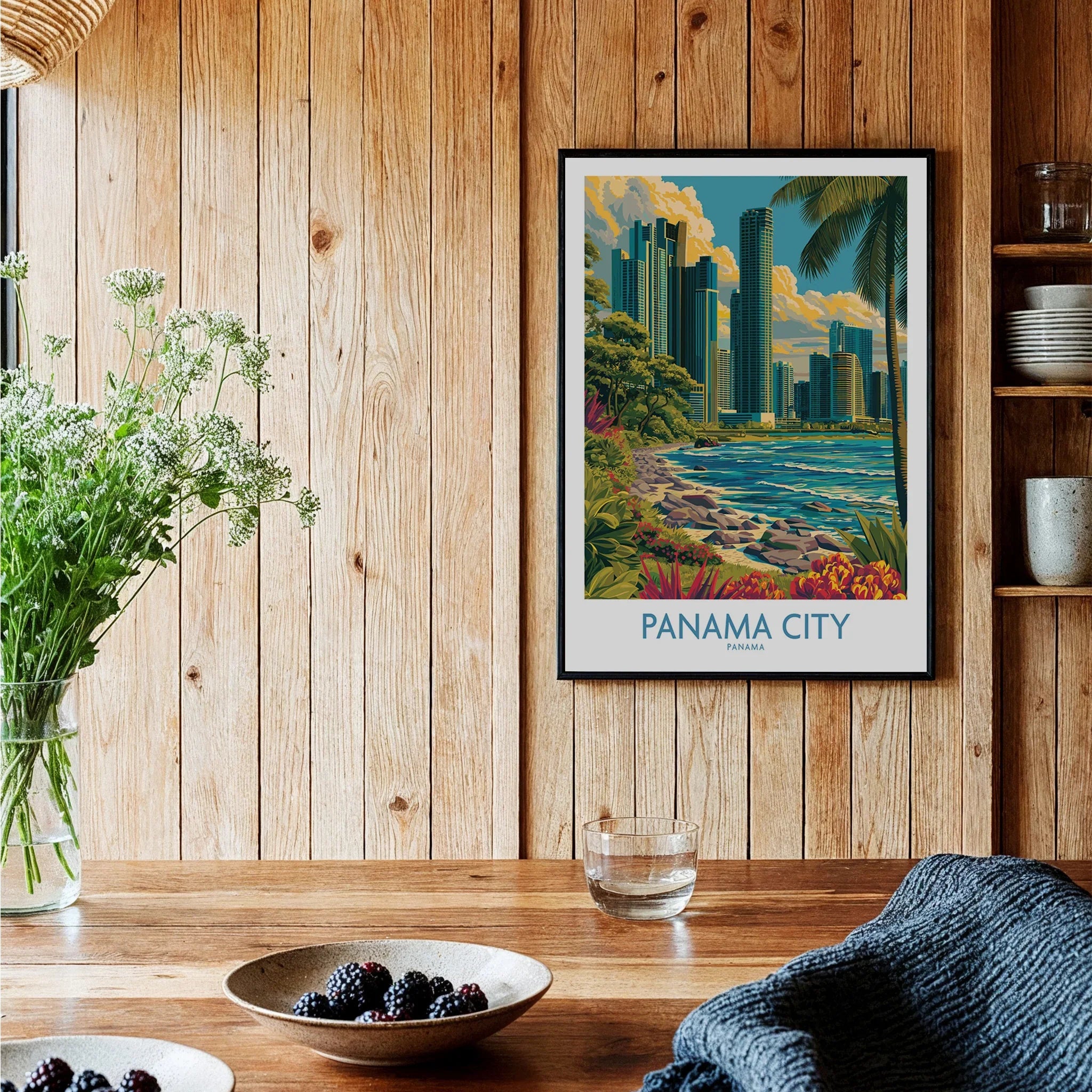 Panama City skyline travel poster with tropical beach, palm trees, and modern skyscrapers, perfect for city skyline wall art.
