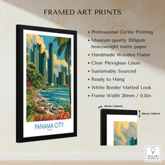 Framed Panama City travel poster art print with skyline, palm trees, and coastal view for wall decor