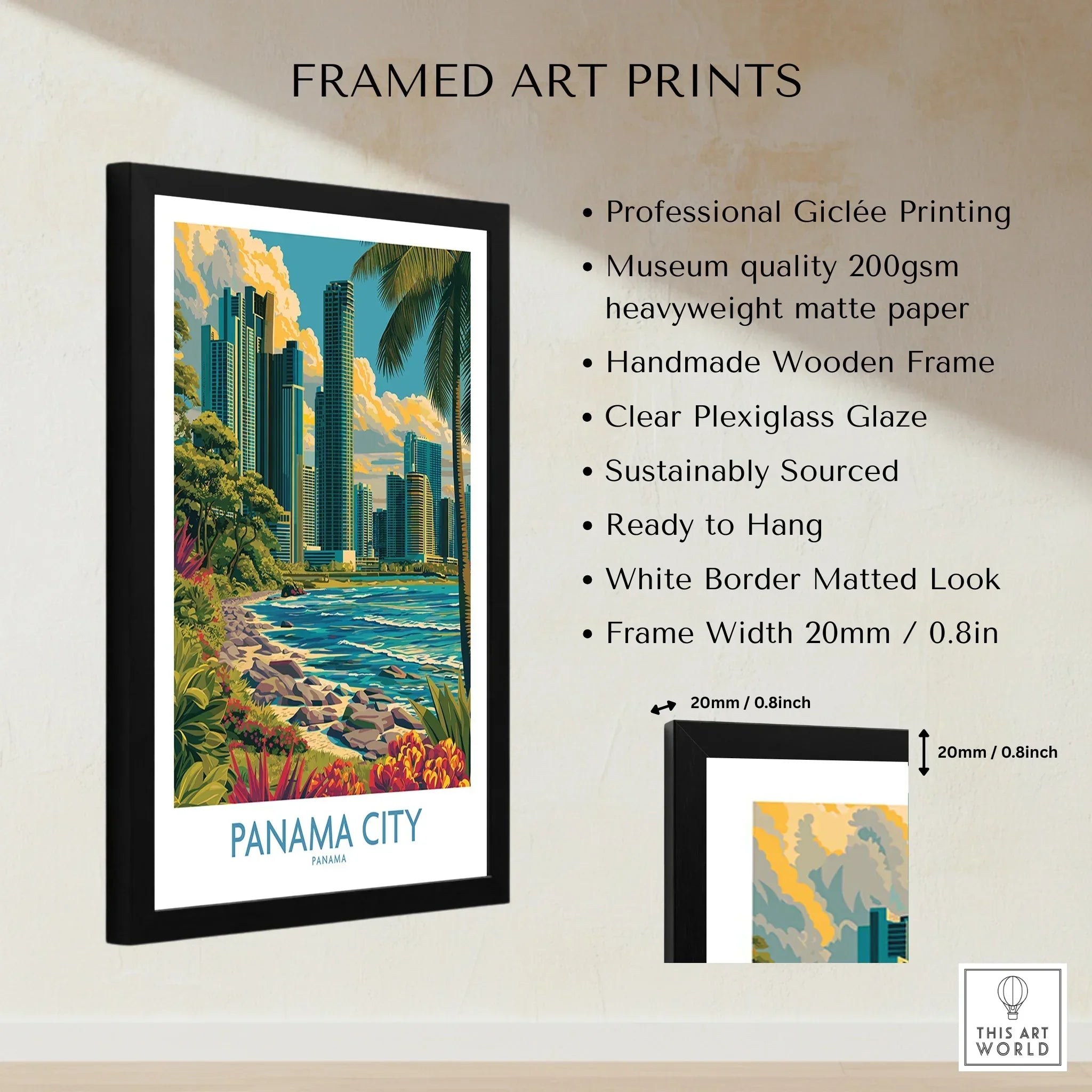 Framed Panama City travel poster art print with skyline, palm trees, and coastal view for wall decor