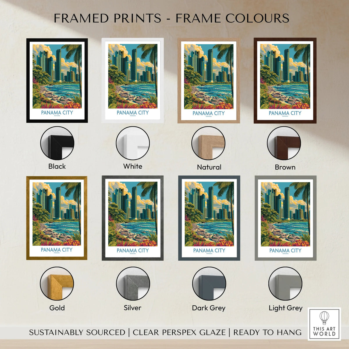 Panama City travel poster in various frame colors for wall art decor