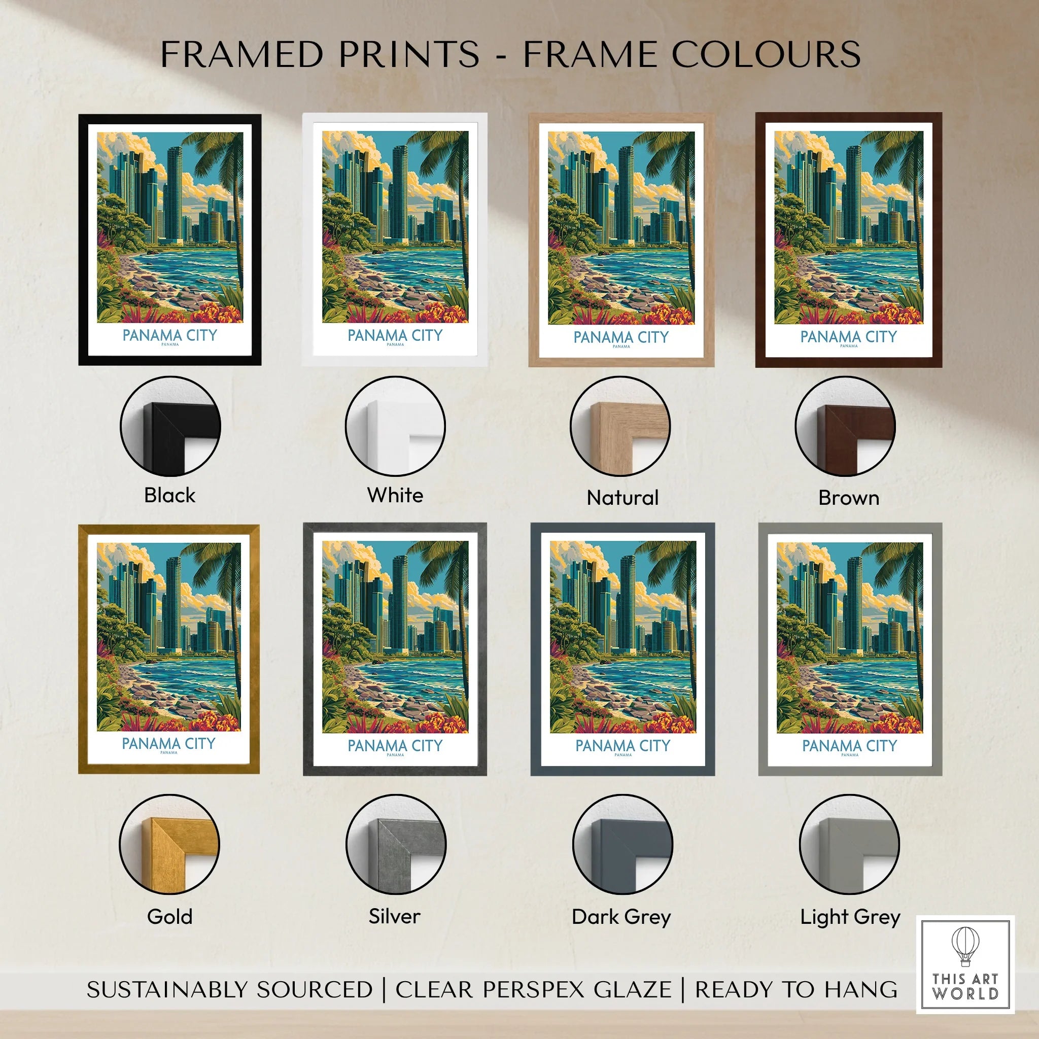 Panama City travel poster in various frame colors for wall art decor