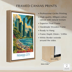 Framed Panama City travel poster with skyline, palm trees, and coastal scenery on high-quality canvas.
