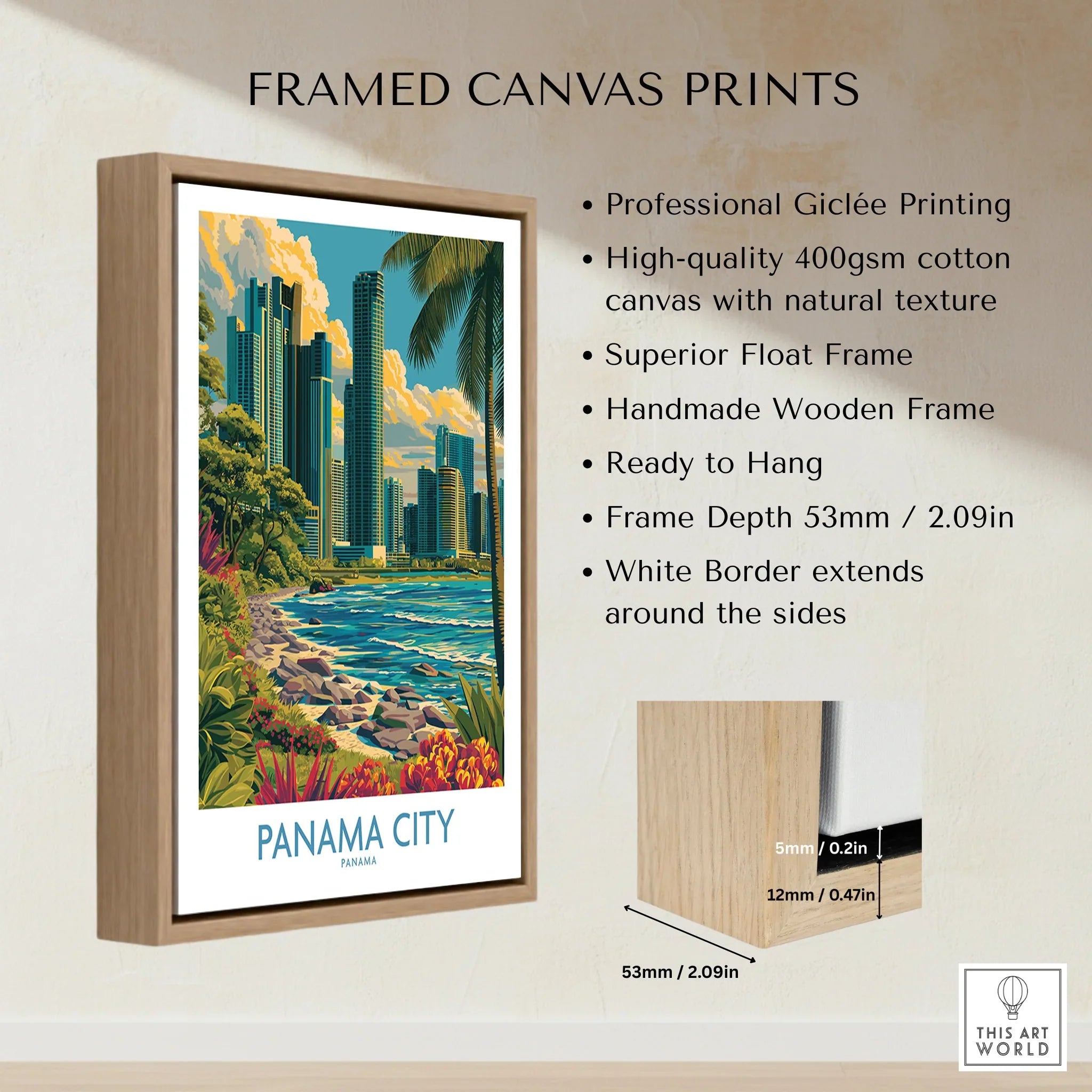 Framed Panama City travel poster with skyline, palm trees, and coastal scenery on high-quality canvas.