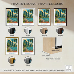 Panama City travel poster in framed canvas with black, white, natural, brown, gold, silver frame options, float frame design, ready to hang