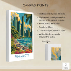 Panama City travel poster with skyline, palm trees, and coastal view on canvas print
