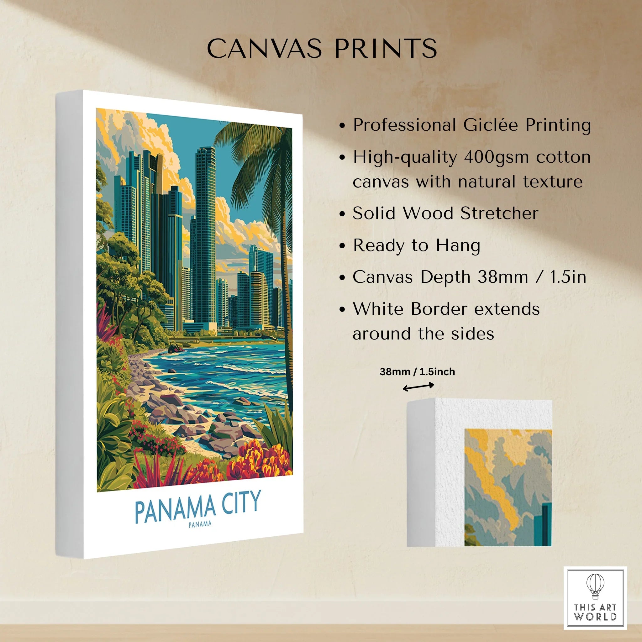 Panama City travel poster with skyline, palm trees, and coastal view on canvas print