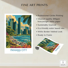Panama City travel poster with tropical skyline, palm trees, and coastal view, fine art print ready to frame