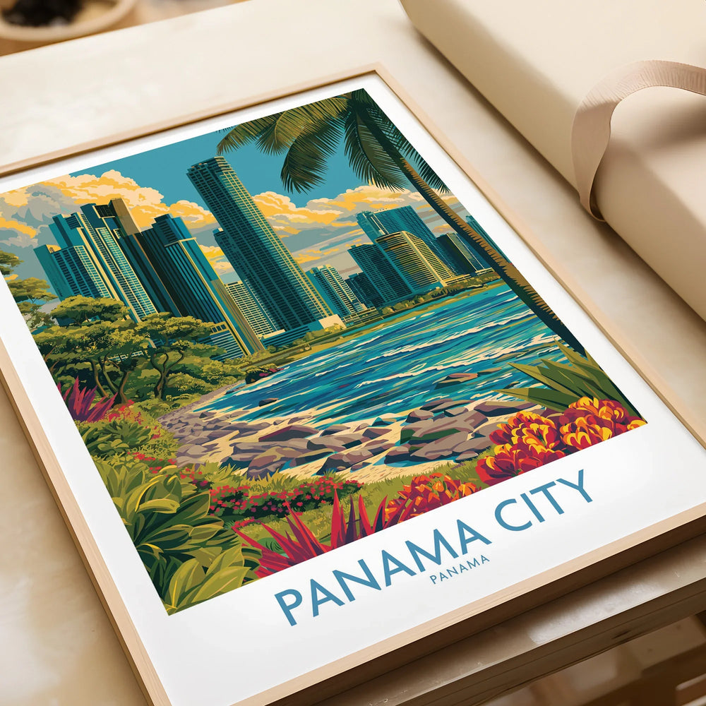 Panama City skyline travel poster with tropical flowers and palm trees, vibrant cityscape wall art