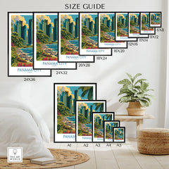 Panama City travel poster in various sizes, featuring skyline, river, and tropical greenery for wall art decor.