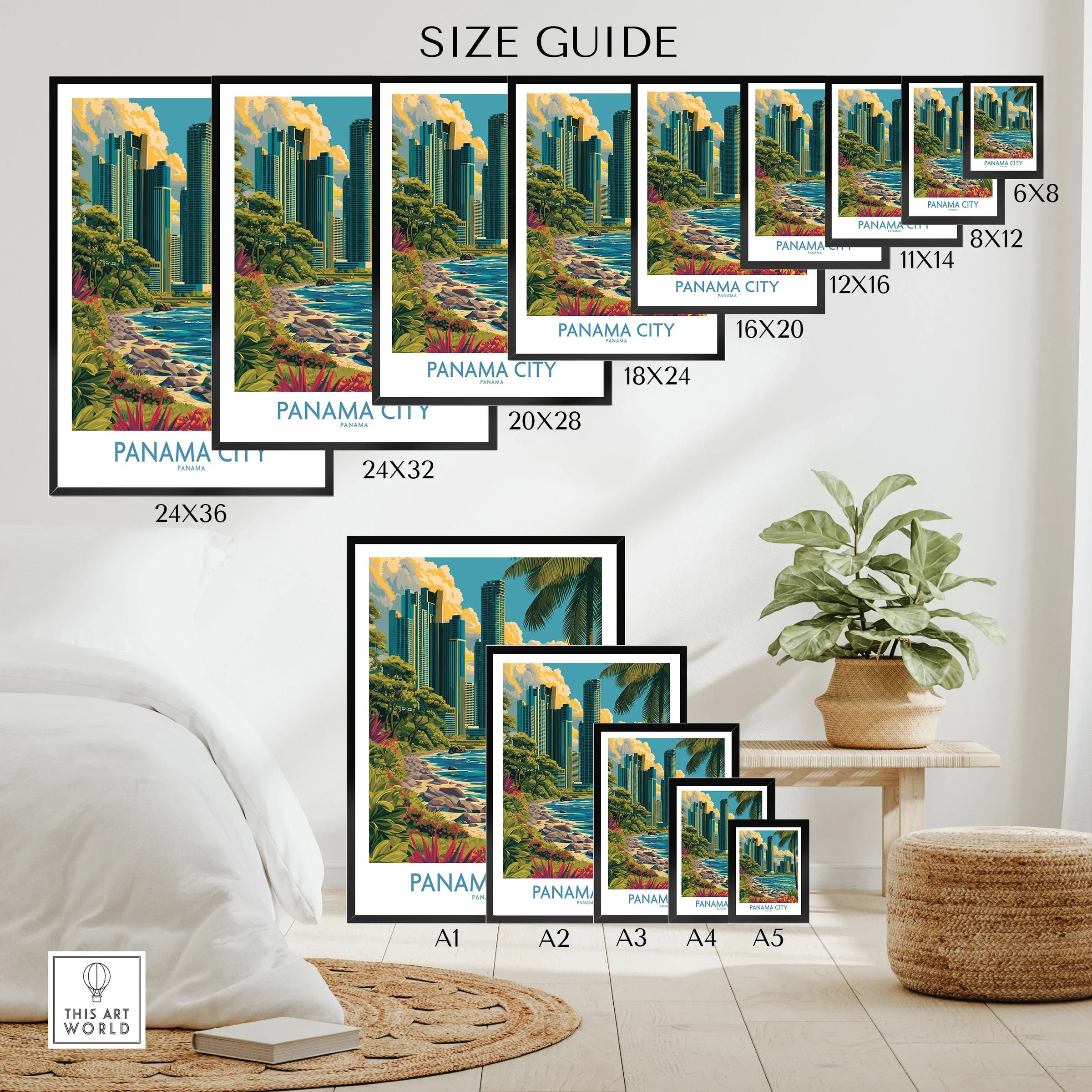 Panama City travel poster in various sizes, featuring skyline, river, and tropical greenery for wall art decor.