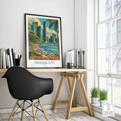 Panama City travel poster with skyline, palm trees, and beach, displayed in modern home office as wall art.