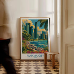 Panama City travel poster with skyline, palm trees, and coastal view for home decor