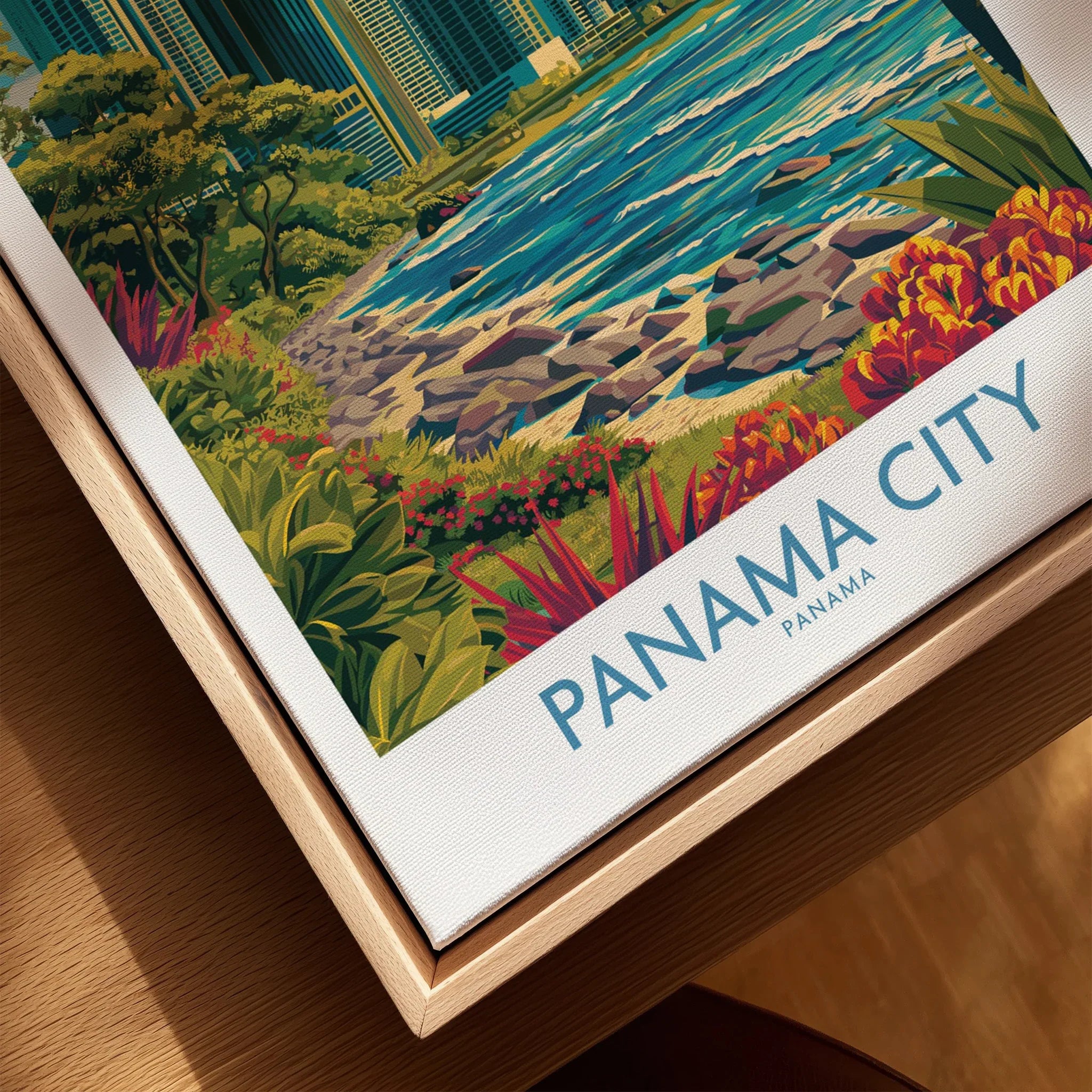 Panama City travel poster with tropical flowers, coastal rocks, and skyline, framed wall art for home decor