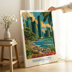 Panama City travel poster with skyline, palm trees, and coastal scenery for home decor