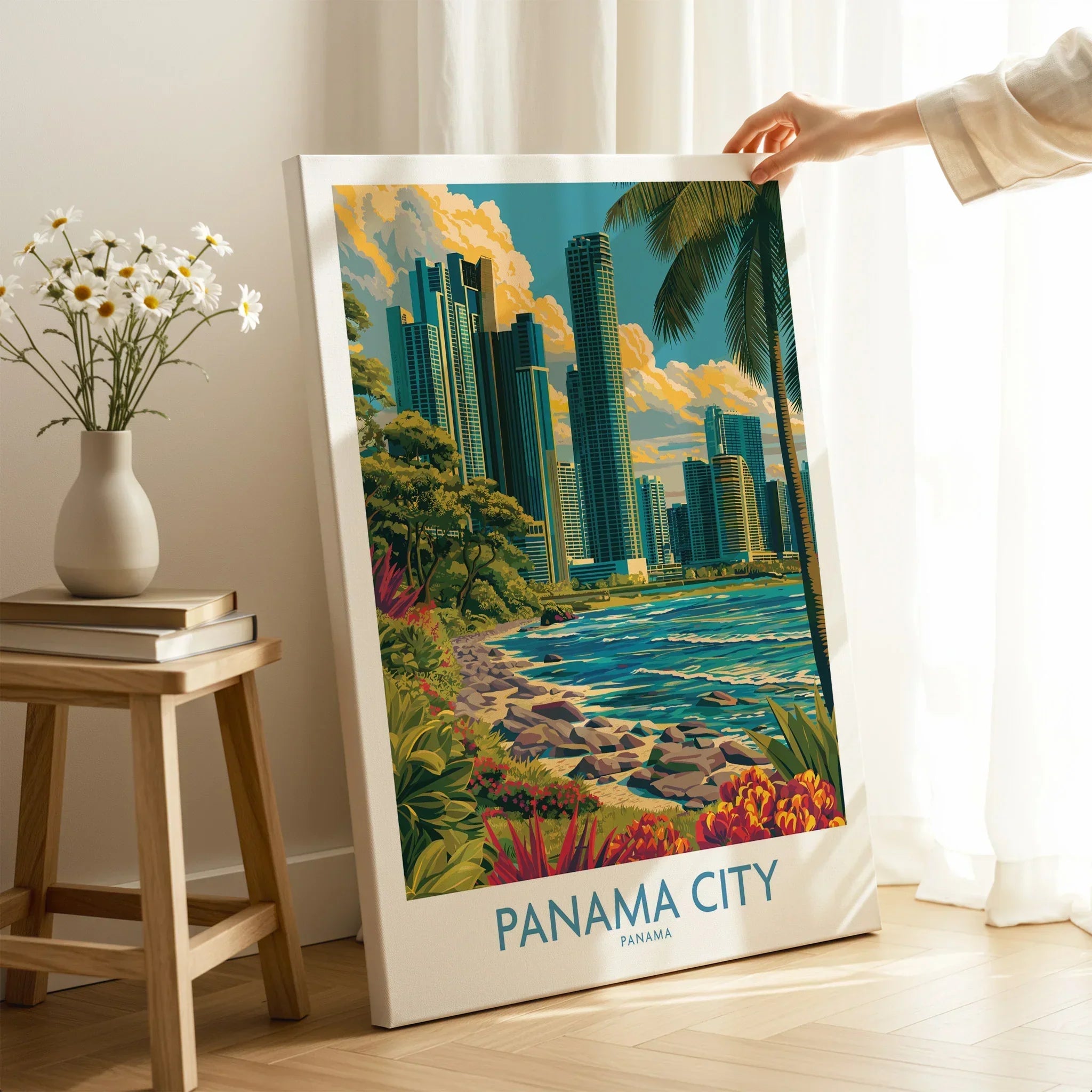 Panama City travel poster with skyline, palm trees, and coastal scenery for home decor