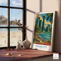 Panama City travel poster with tropical skyline, palm trees, and ocean view, perfect for wall art decor.