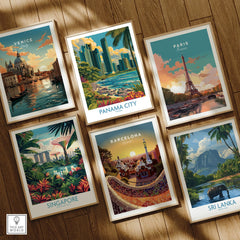 Framed travel posters of Venice, Paris, Panama City, Singapore, Barcelona, Sri Lanka for wall art decor