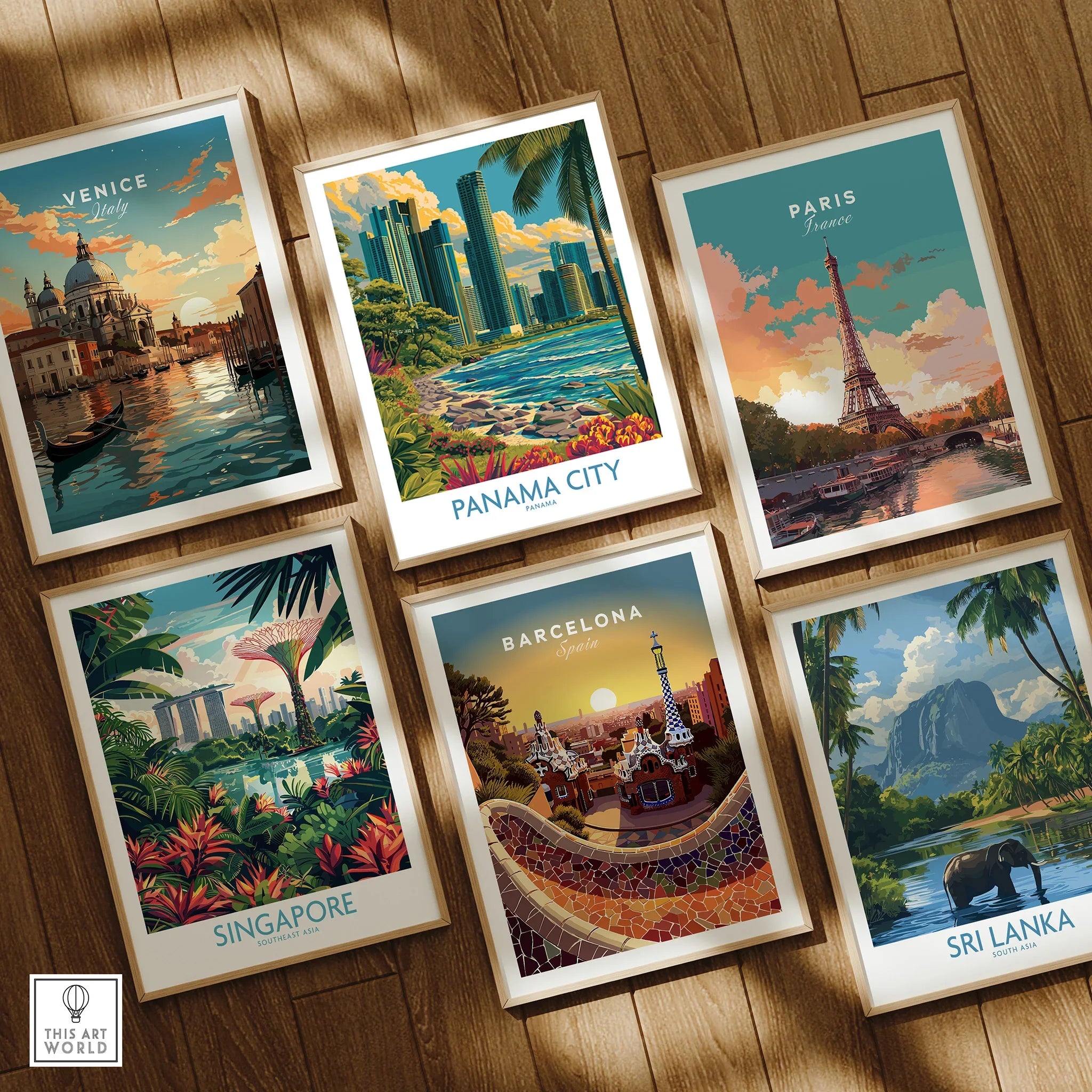 Framed travel posters of Venice, Paris, Panama City, Singapore, Barcelona, Sri Lanka for wall art decor