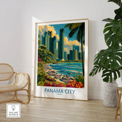 Panama City travel poster with skyline, palm trees, and coastal view for home decor