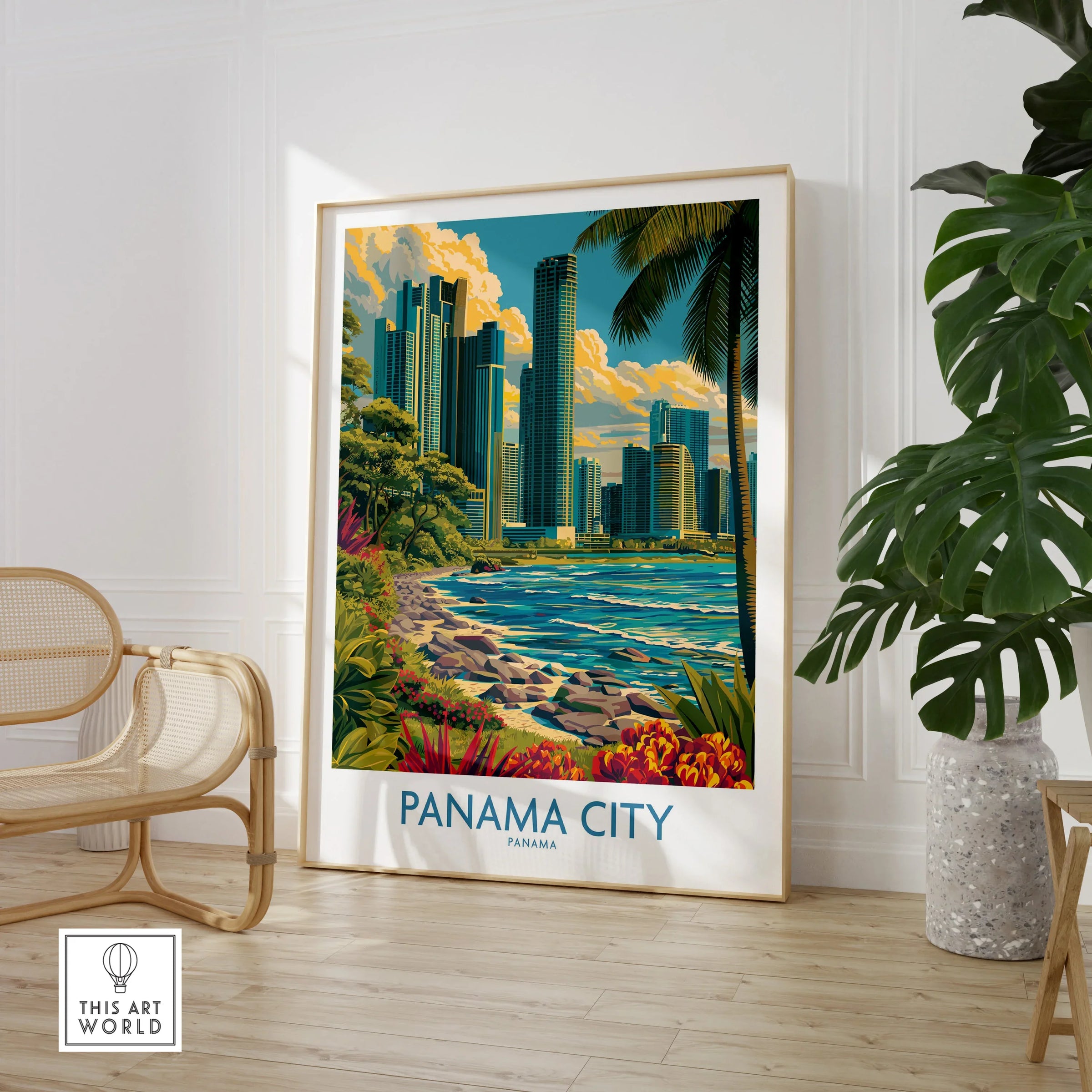 Panama City travel poster with skyline, palm trees, and coastal view for home decor