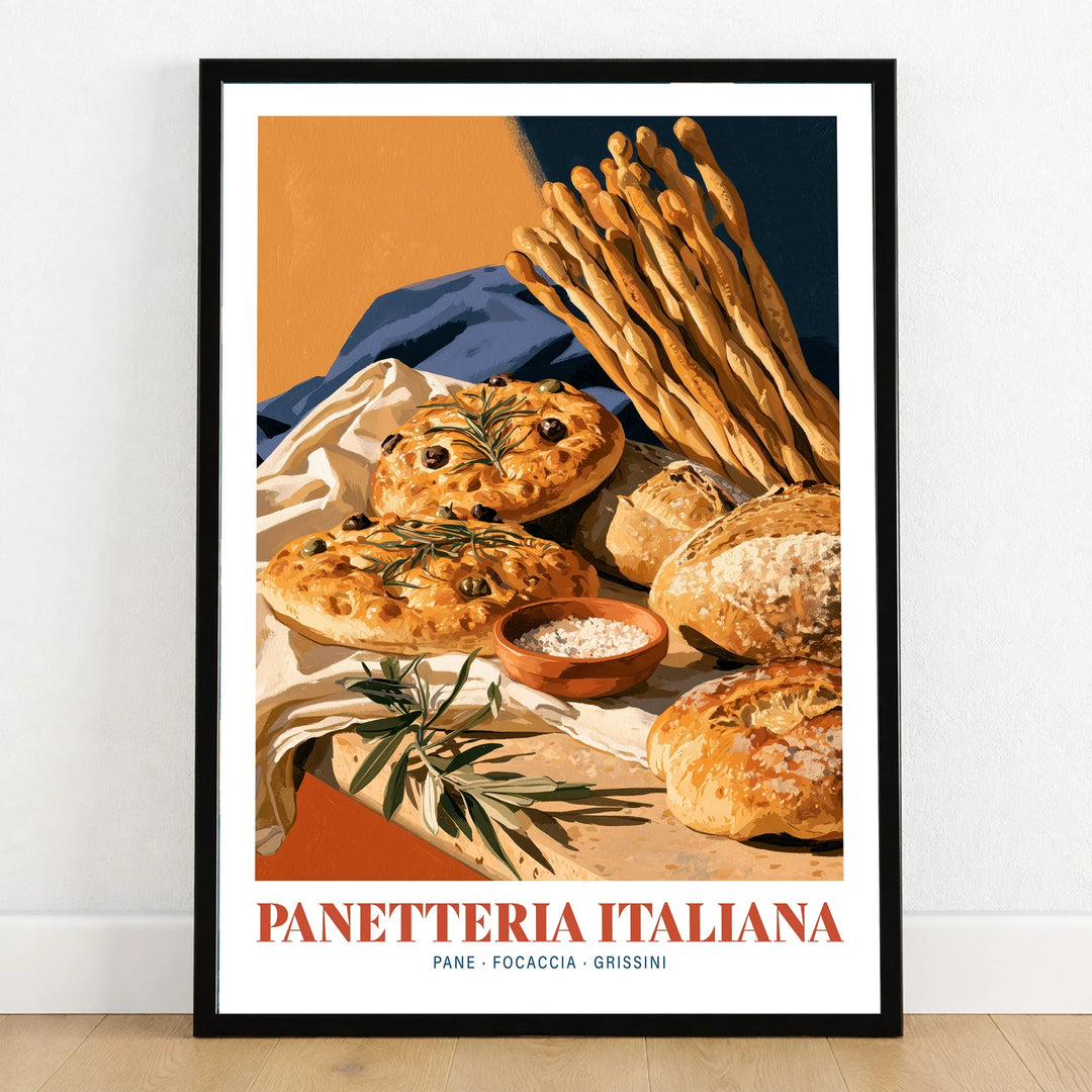 Italian Panetteria Bakery Wall Art - art print in black frame on wooden floor