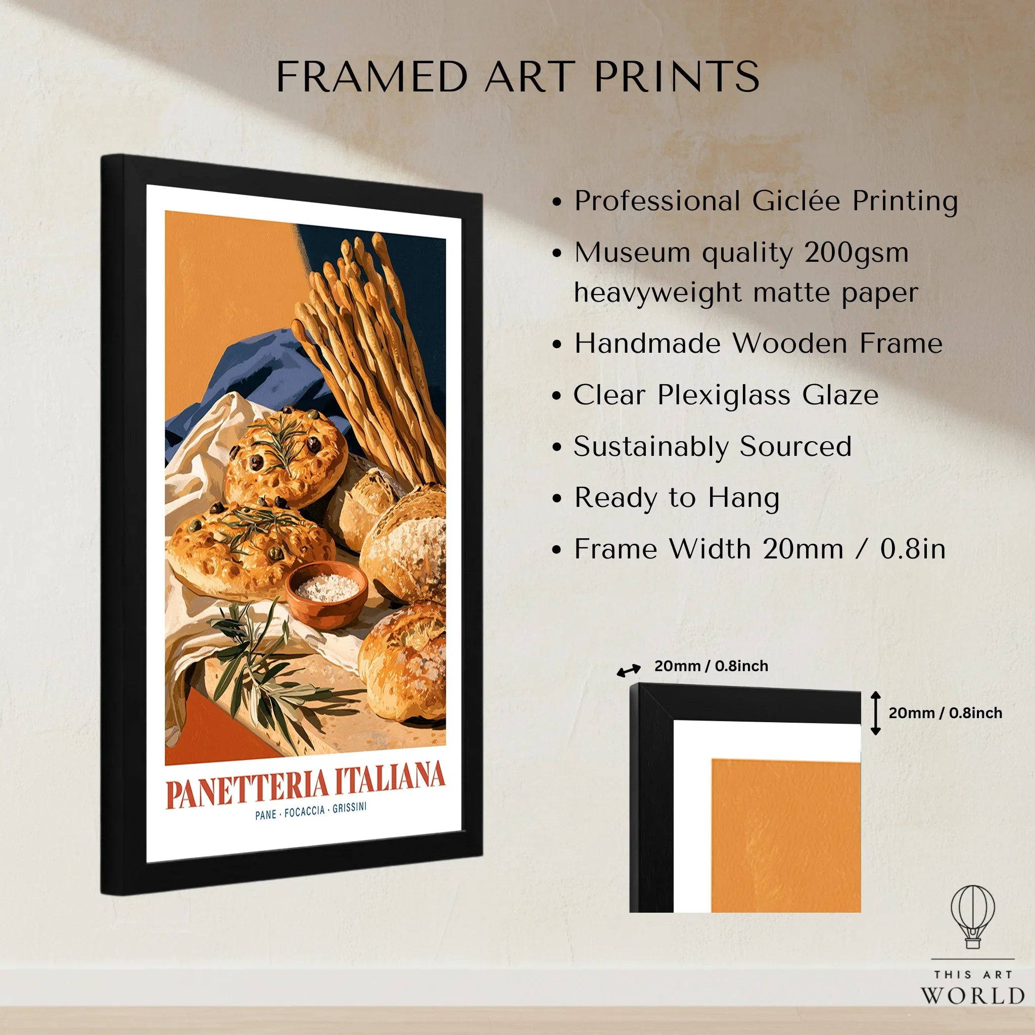 Italian Panetteria Bakery Wall Art - framed print details measurements quality details