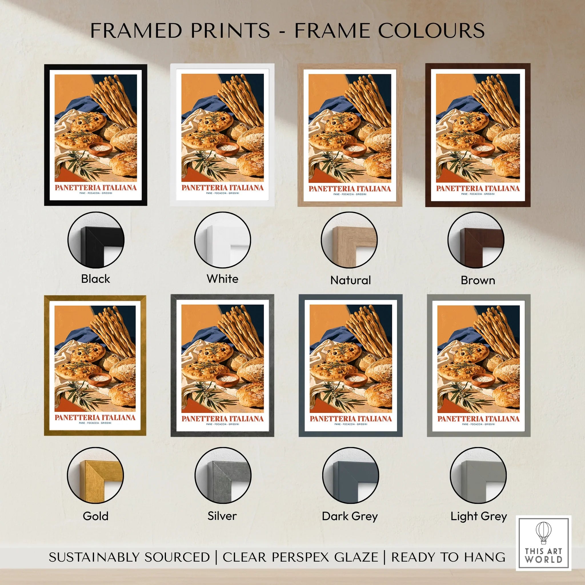 Italian Panetteria Bakery Wall Art - framed print colour options